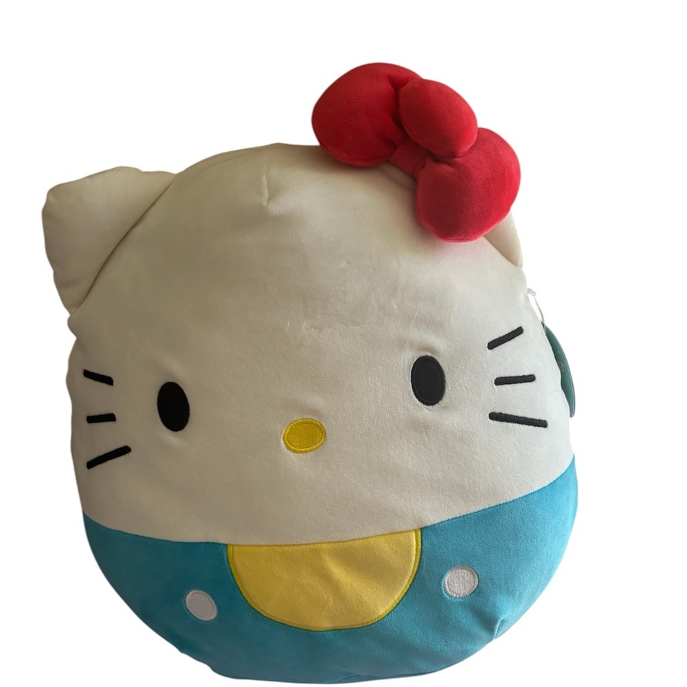 Hello Kitty Jumbo Squishmallow Plush Pillow - White with Red Bow and Blue Outfit